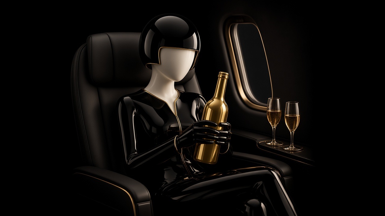 Slim black and ivory figure in the jet with a gold bottle